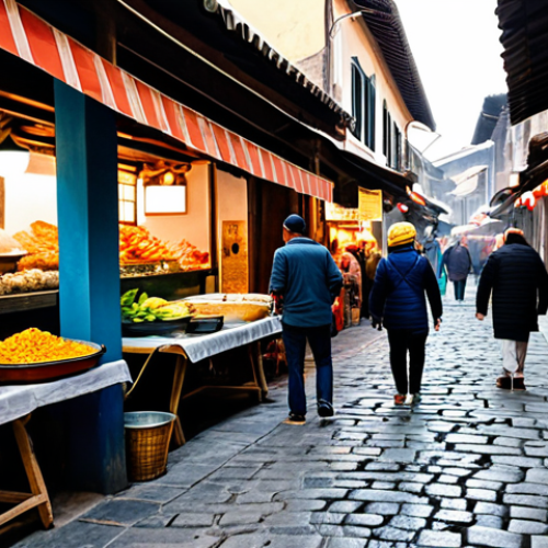 A curious traveler in modest, comfortable travel attire, fully clothed, engaging in a friendly conversation with a local street food vendor. The scene is a vibrant, bustling traditional market alley in an ancient town, filled with the aroma of authentic local dishes, with steam gently rising from food stalls and colorful fresh produce on display. Old stone pavement lines the ground, and traditional architecture forms the background. The lighting is warm, natural daylight, casting a soft glow. Professional photography, high detail, natural pose, perfect anatomy, correct proportions, well-formed hands, proper finger count, safe for work, appropriate content, family-friendly.