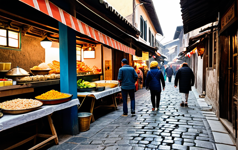 A curious traveler in modest, comfortable travel attire, fully clothed, engaging in a friendly conversation with a local street food vendor. The scene is a vibrant, bustling traditional market alley in an ancient town, filled with the aroma of authentic local dishes, with steam gently rising from food stalls and colorful fresh produce on display. Old stone pavement lines the ground, and traditional architecture forms the background. The lighting is warm, natural daylight, casting a soft glow. Professional photography, high detail, natural pose, perfect anatomy, correct proportions, well-formed hands, proper finger count, safe for work, appropriate content, family-friendly.