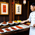 A skilled artisan, fully clothed in a modest, clean chef's apron and professional dress, stands beside a beautifully arranged display of traditional Chinese specialty foods. The display includes artfully presented Sichuan spicy beef jerky slices, delicate handmade mung bean cakes on a traditional ceramic plate, and a rustic bottle of aged Shanxi vinegar. The setting is a well-lit studio with a warm, inviting atmosphere, featuring natural wooden textures and subtle cultural decor. The artisan's hands are visible, demonstrating perfect anatomy and correct proportions, making a gesture of presentation. The image is safe for work, appropriate content, with a professional and family-friendly tone, capturing the essence of authentic craftsmanship and high-quality culinary traditions. Natural pose, well-formed hands, proper finger count. High-resolution, professional photography.