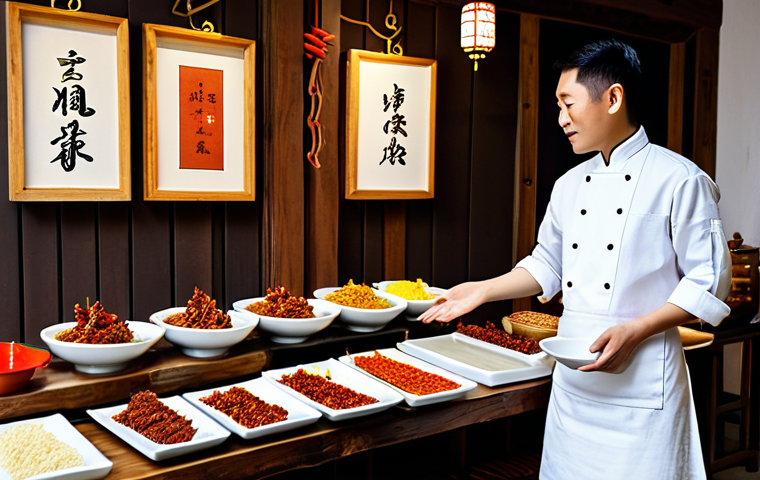 A skilled artisan, fully clothed in a modest, clean chef's apron and professional dress, stands beside a beautifully arranged display of traditional Chinese specialty foods. The display includes artfully presented Sichuan spicy beef jerky slices, delicate handmade mung bean cakes on a traditional ceramic plate, and a rustic bottle of aged Shanxi vinegar. The setting is a well-lit studio with a warm, inviting atmosphere, featuring natural wooden textures and subtle cultural decor. The artisan's hands are visible, demonstrating perfect anatomy and correct proportions, making a gesture of presentation. The image is safe for work, appropriate content, with a professional and family-friendly tone, capturing the essence of authentic craftsmanship and high-quality culinary traditions. Natural pose, well-formed hands, proper finger count. High-resolution, professional photography.