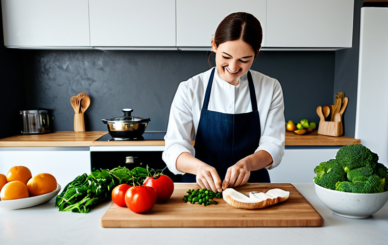 "A modern kitchen scene with a person preparing a family-friendly meal, focusing on fresh ingredients and traditional cooking utensils. The scene showcases the joy of cooking and the warmth of a home-cooked meal. safe for work, appropriate content, fully clothed, professional, modest, family-friendly, perfect anatomy, correct proportions, natural pose, well-formed hands, proper finger count, natural body proportions."