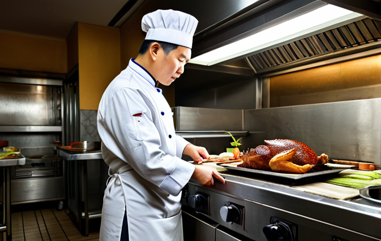 지역특산 음식의 차별성과 경쟁력 - **

"A chef in a professional kitchen preparing Beijing roast duck, fully clothed in chef's attire, ...